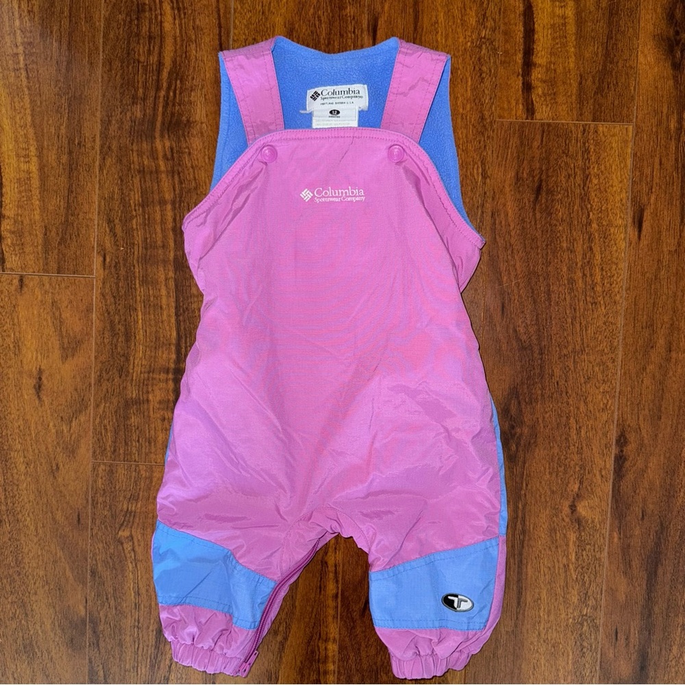Y2K Vintage Columbia Infant Snow Bib 12M Pink Blue Fleece Lined Snowsuit Baby